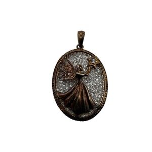 925 Sterling Silver Fairy Angel Oval Pendant Rhinestone Two Tone Engraved Charm